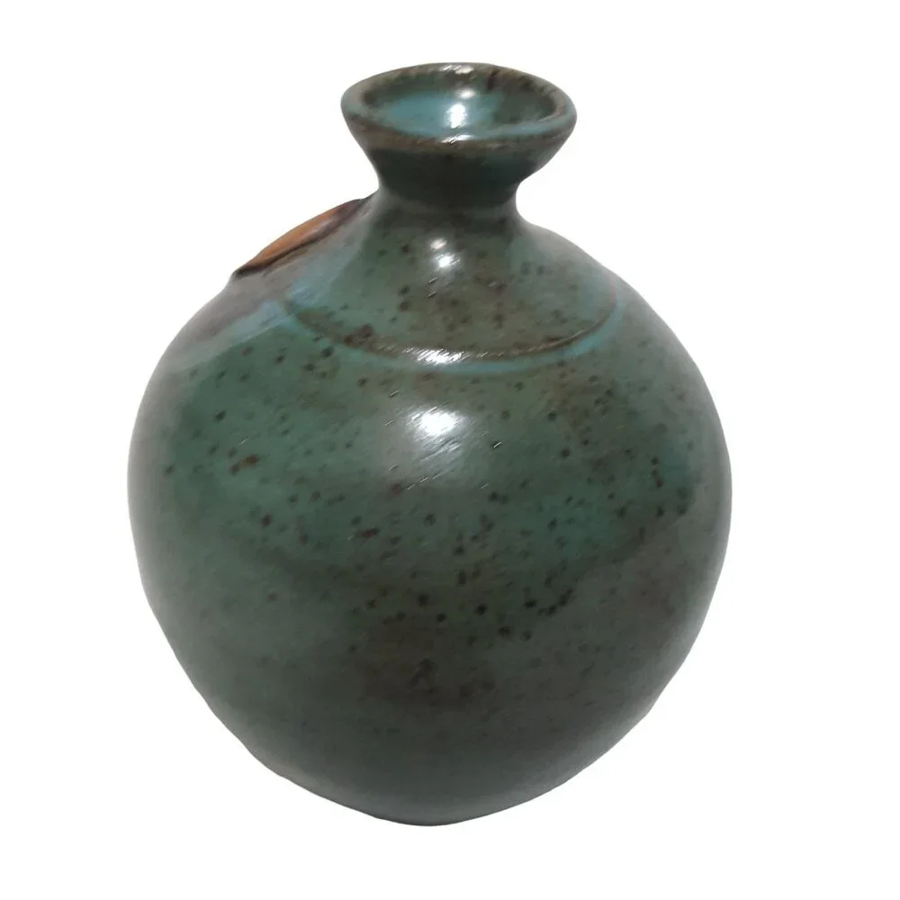 Signed Studio Pottery‎ Bud Vase Teal Green Speckled Glaze Artisan Stoneware